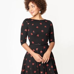 NWT Black & Red Bows Print Stephanie Fit & Flare Unique Vintage Dress 1X 16